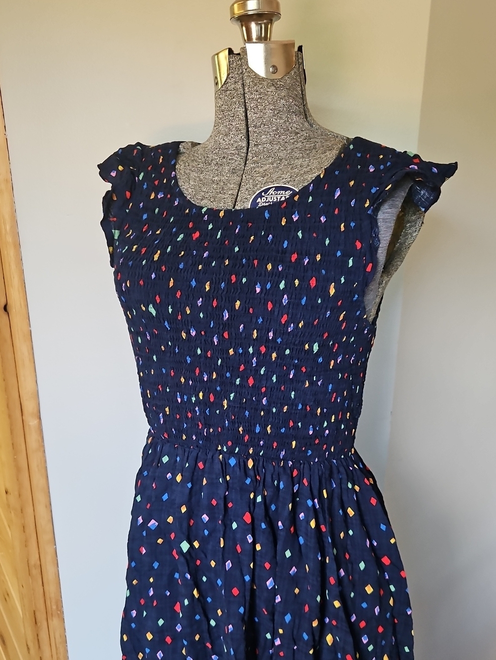 THML Navy Smock Cotton Cottage Dress with Pockets. Geometric Pattern. Small